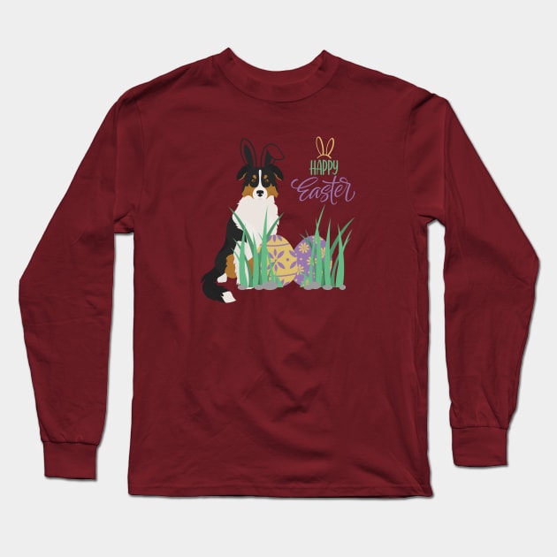 Tricolor Australian Shepherd Dog with Bunny Ears and Happy Easter with Egg Long Sleeve T-Shirt by Seasonal Dogs